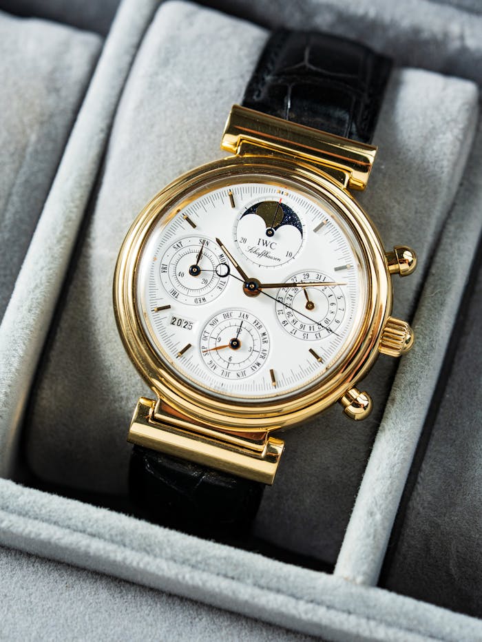 Elegant gold watch with moon phase in a cushioned display box. Perfect for luxury fashion and lifestyle themes.